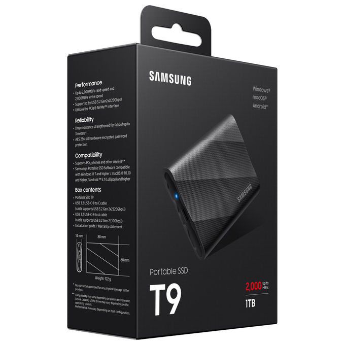 Samsung MU-PG1T0B-EU T9 SSD Portatile 1 TB USB 3.2 Gen 2x2 NVMe 2000 MB-s crittografia AES 256 bit colore Nero