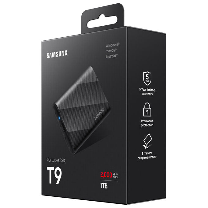 Samsung MU-PG1T0B-EU T9 SSD Portatile 1 TB USB 3.2 Gen 2x2 NVMe 2000 MB-s crittografia AES 256 bit colore Nero