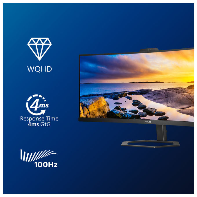 Philips 34E1C5600HE-00 Serie 5000 Monitor PC Curvo 34'' VA LED 3440x1440 100Hz Webcam 5MP USB-C 65W colore Nero