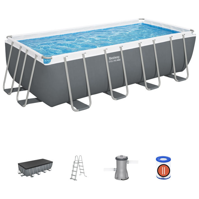 Bestway 56670 Power Steel Piscina Fuori Terra Rettangolare 488x244x122 cm 11532 L con Pompa Filtro Scaletta ChemConnect colore Grigio
