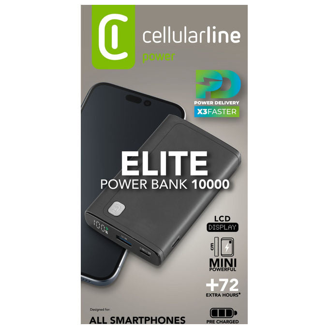 Cellularline PBDISPL01PD10000K Elite Power Bank 10000 mAh 20W Power Delivery Display LCD 3 porte colore Nero