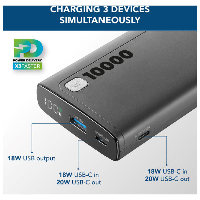 Cellularline PBDISPL01PD10000K Elite Power Bank 10000 mAh 20W Power Delivery Display LCD 3 porte colore Nero