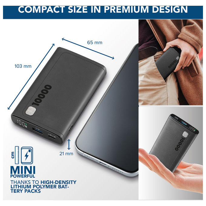 Cellularline PBDISPL01PD10000K Elite Power Bank 10000 mAh 20W Power Delivery Display LCD 3 porte colore Nero