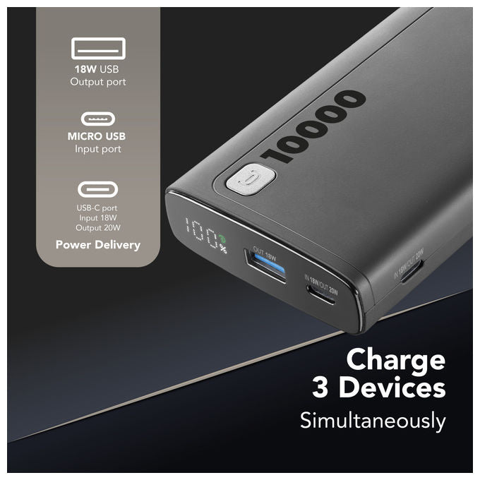 Cellularline PBDISPL01PD10000K Elite Power Bank 10000 mAh 20W Power Delivery Display LCD 3 porte colore Nero