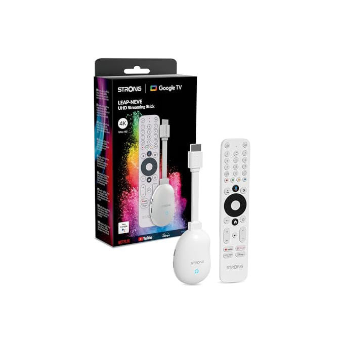 Strong LEAP-NEVE Dongle Streaming 4K UHD Android 12 Google TV Wi-Fi 6 Ethernet Dolby Vision 2GB RAM 8GB colore Bianco
