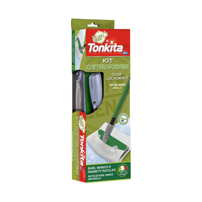 Tonkita 4TK027 We Like Green Kit Catturapolvere Scopa con 10 Panni Elettrostatici Manico Componibile in Metallo Riciclato