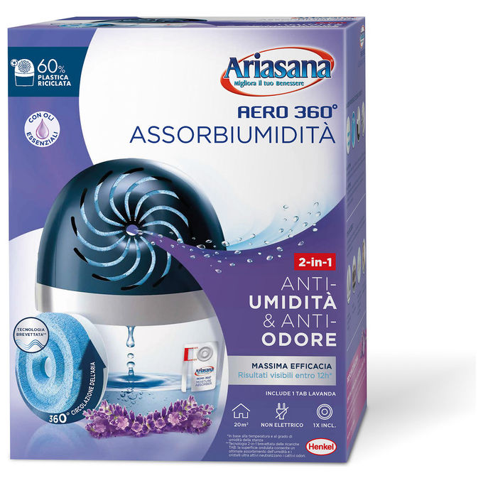 Ariasana 2631639 Aero 360° Kit Assorbiumidita' non elettrico ricaricabile 1 Dispositivo e 1 Ricarica Tab Lavanda 450g per ambienti fino a 55m³