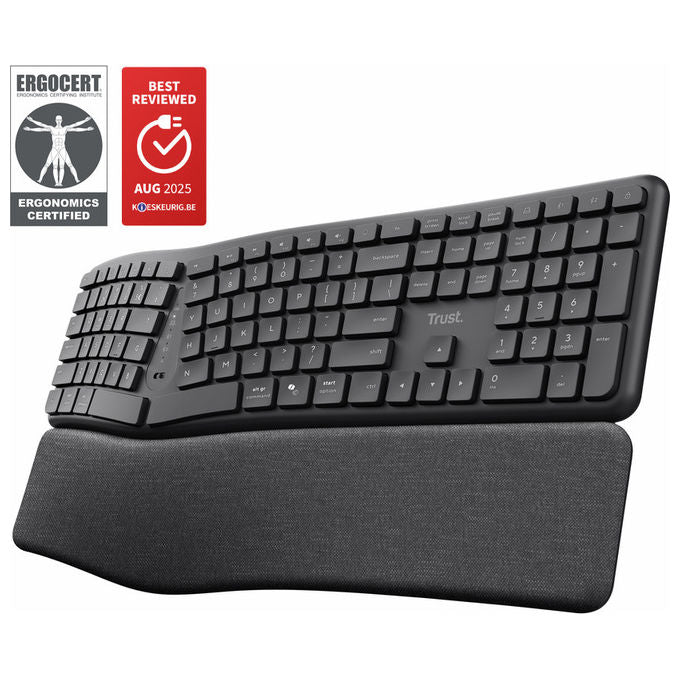 Trust 25459 Keyra Tastiera Wireless Ergonomica Multi dispositivo Bluetooth QWERTY Full size con Poggiapolsi colore Nero