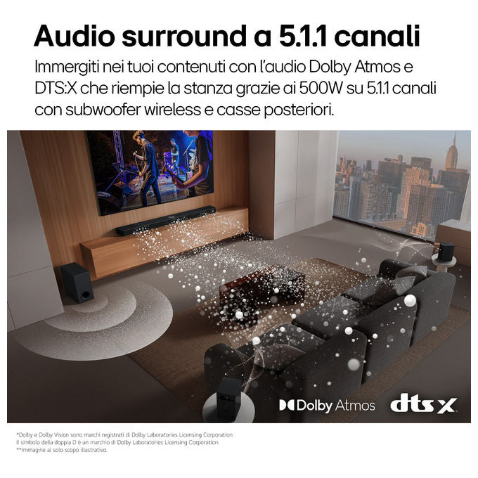 LG S70TR Soundbar 5.1.1 canali 500W Dolby Atmos DTS:X Subwoofer Wireless Casse Posteriori Incluse colore Nero
