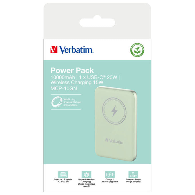 Verbatim 32246 Charge n Go Power Bank 10000 mAh Wireless MagSafe Quick Charge 3.0 USB-C 20W colore Verde