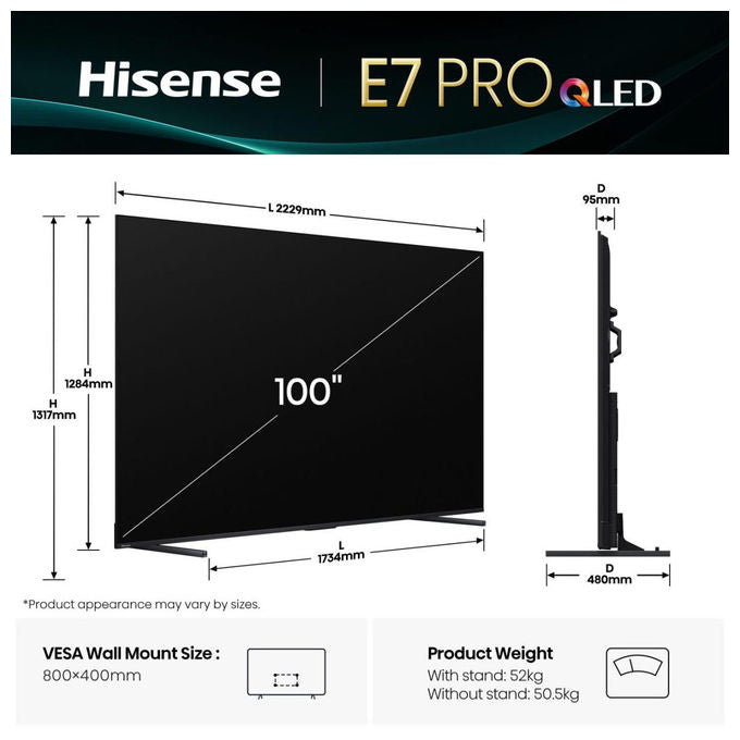 Hisense 100E7QPRO Smart TV QLED 100'' 4K Ultra HD 144Hz HDR Dolby Vision AMD FreeSync Premium VIDAA colore Nero
