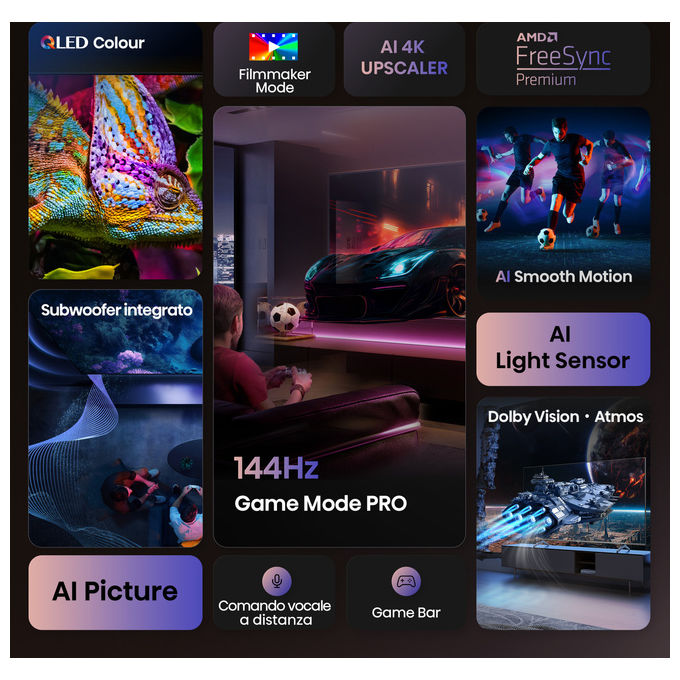 Hisense 100E7QPRO Smart TV QLED 100'' 4K Ultra HD 144Hz HDR Dolby Vision AMD FreeSync Premium VIDAA colore Nero