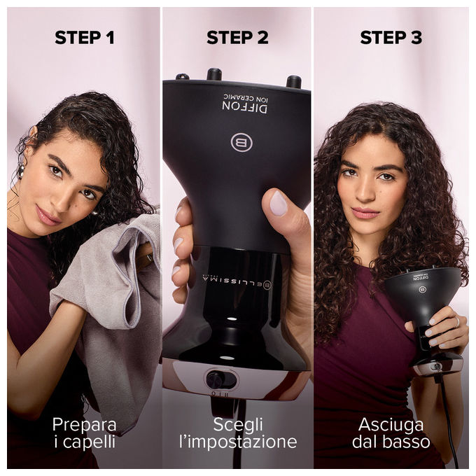 Bellissima 11968 Diffon Ion Ceramic Asciugacapelli 700 W Ion Ceramic 2 velocita' 2 temperature Curls Booster System doppio voltaggio colore Nero