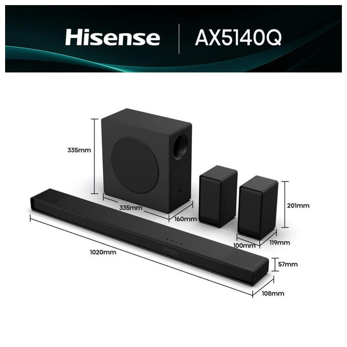 Hisense AX5140Q Soundbar 5.1.4 Canali 600 W Subwoofer Wireless 280 W Dolby Atmos DTS:X Bluetooth 5.3 eARC colore Nero
