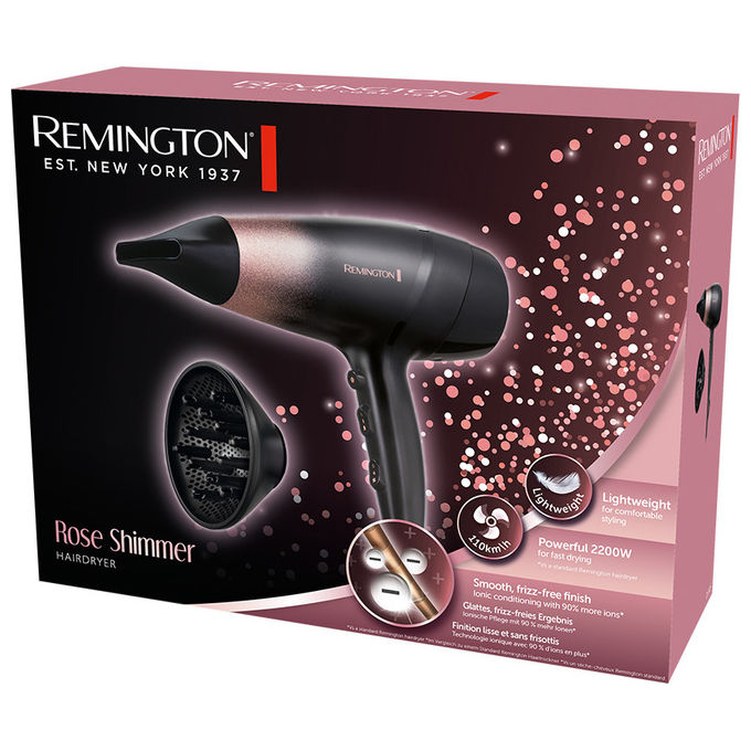 Remington D5305 Rose Shimmer Asciugacapelli 2200 W Ionico 3 temperature 2 velocita' concentratore diffusore inclusi colore Nero Rosa