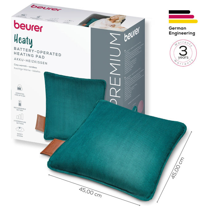 Beurer HK77 Heaty Cuscino Riscaldante Senza Fili 45x45 cm 3 Livelli di Temperatura Autonomia 4h colore Blu