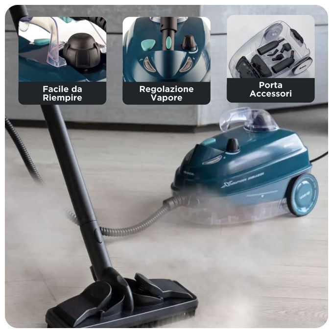 Ariete 4146 XVapor Deluxe Pulitore a Vapore Portatile 1500W 5 bar Caldaia 1,6 L Autonomia 60 min Cavo 6 m colore Blu