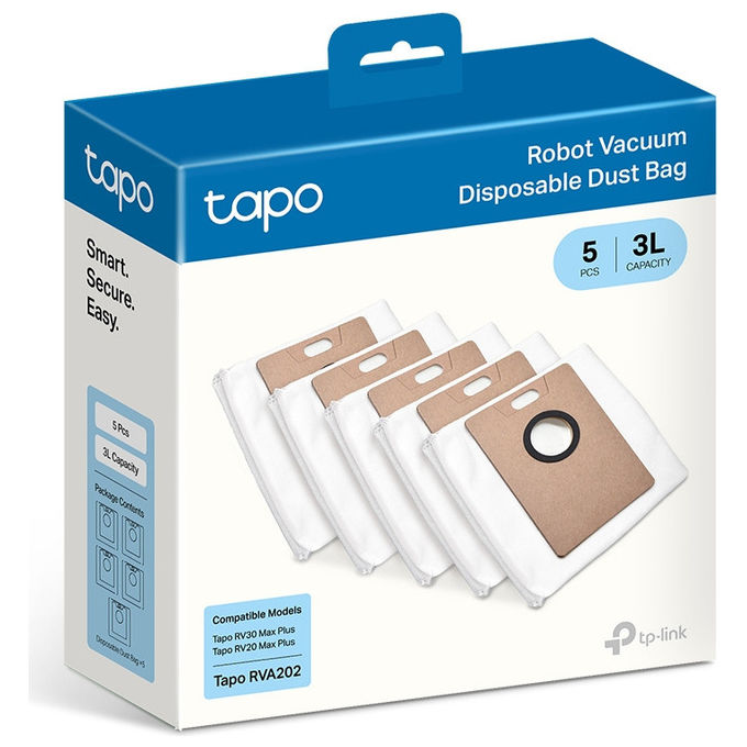 TP-Link RVA202 Tapo Kit Sacchetti Ricambio Robot Aspirapolvere 5 pz 3 L compatibile RV30 Max Plus RV20 Max Plus colore Bianco