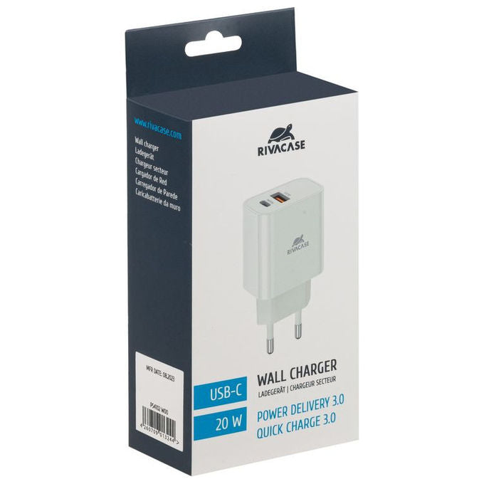 Rivacase PS4102W00 Caricabatterie da Muro 20W Power Delivery USB-C USB-A Ricarica Rapida QC 3.0 colore Bianco