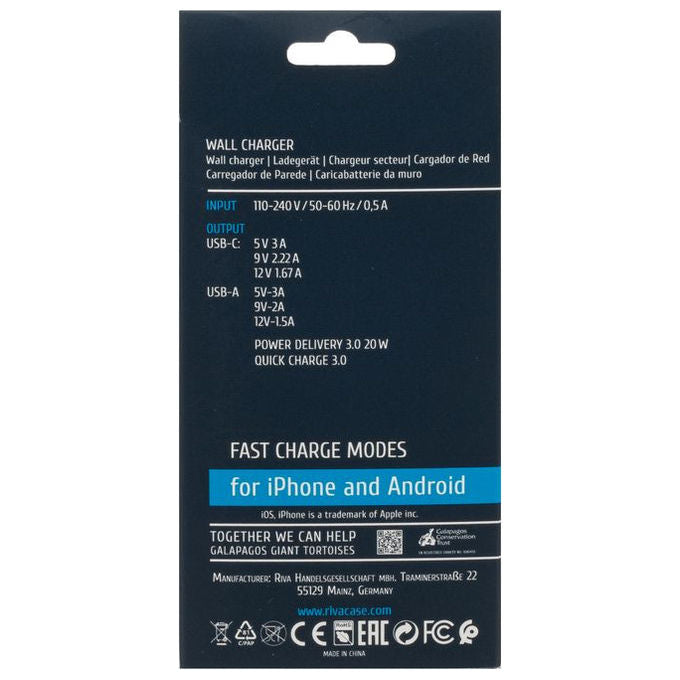 Rivacase PS4102W00 Caricabatterie da Muro 20W Power Delivery USB-C USB-A Ricarica Rapida QC 3.0 colore Bianco