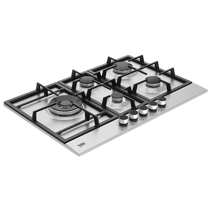 Beko HIAL75225SXE Piano cottura Gas 75 cm 5 Fuochi Wok 5000 W PractiClean Griglie Ghisa colore Inox
