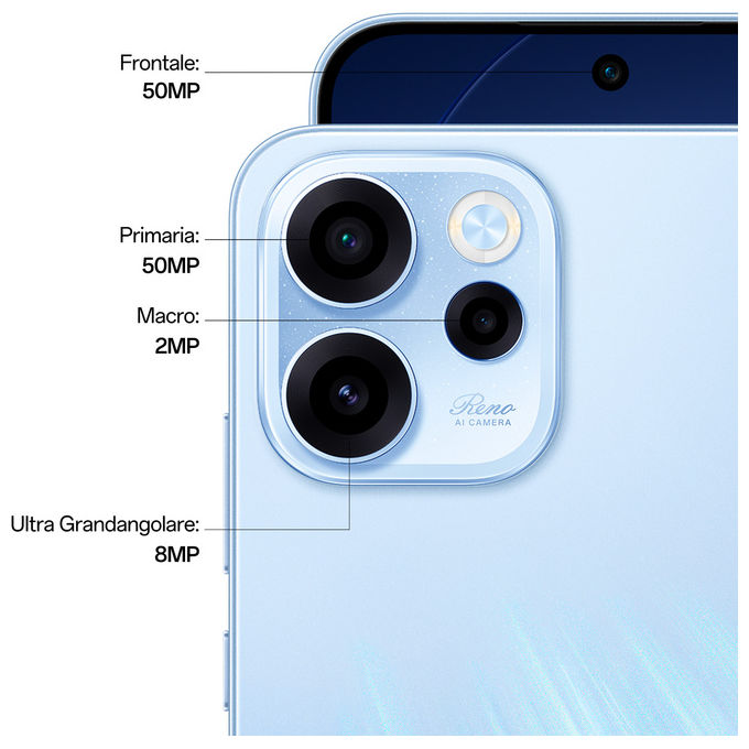 Oppo RENO15 F 5G Smartphone 6.57'' AMOLED 120Hz 8GB RAM 256GB Snapdragon 6 Gen 1 Tripla Cam 50MP Batteria 6500 mAh colore Aurora Blue
