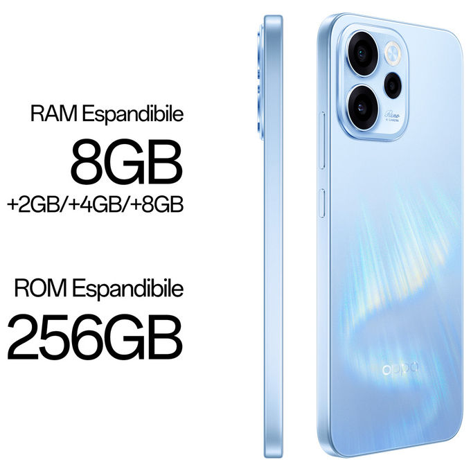 Oppo RENO15 F 5G Smartphone 6.57'' AMOLED 120Hz 8GB RAM 256GB Snapdragon 6 Gen 1 Tripla Cam 50MP Batteria 6500 mAh colore Aurora Blue
