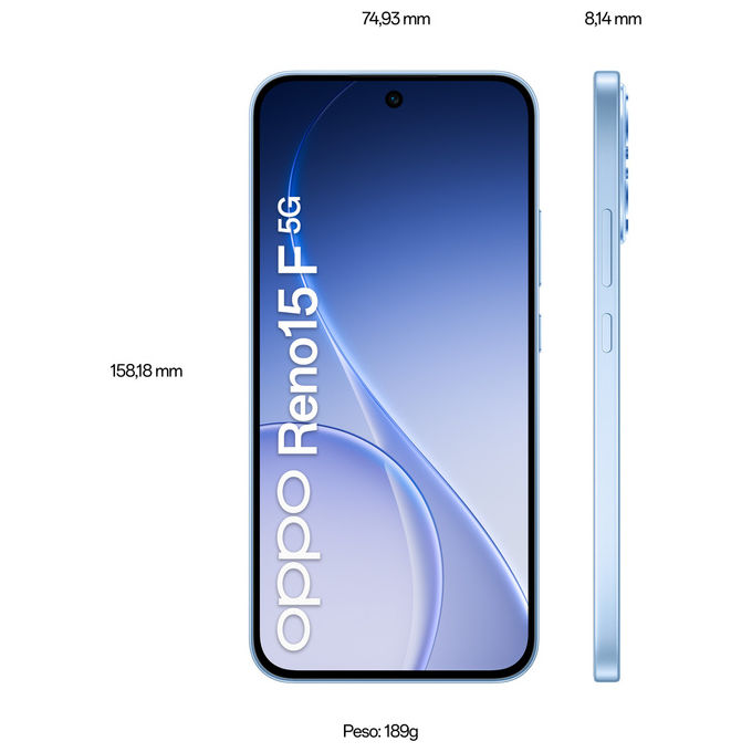 Oppo RENO15 F 5G Smartphone 6.57'' AMOLED 120Hz 8GB RAM 256GB Snapdragon 6 Gen 1 Tripla Cam 50MP Batteria 6500 mAh colore Aurora Blue