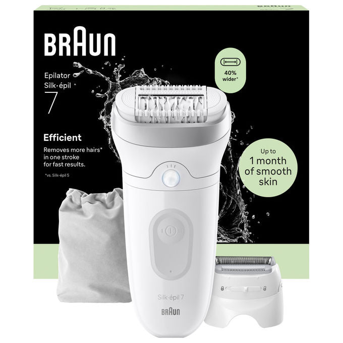 Braun 7-041 Silk-épil 7 Epilatore Wet and Dry MicroGrip Senza Fili 40 pinzette 2 velocita' autonomia 40 min colore Bianco