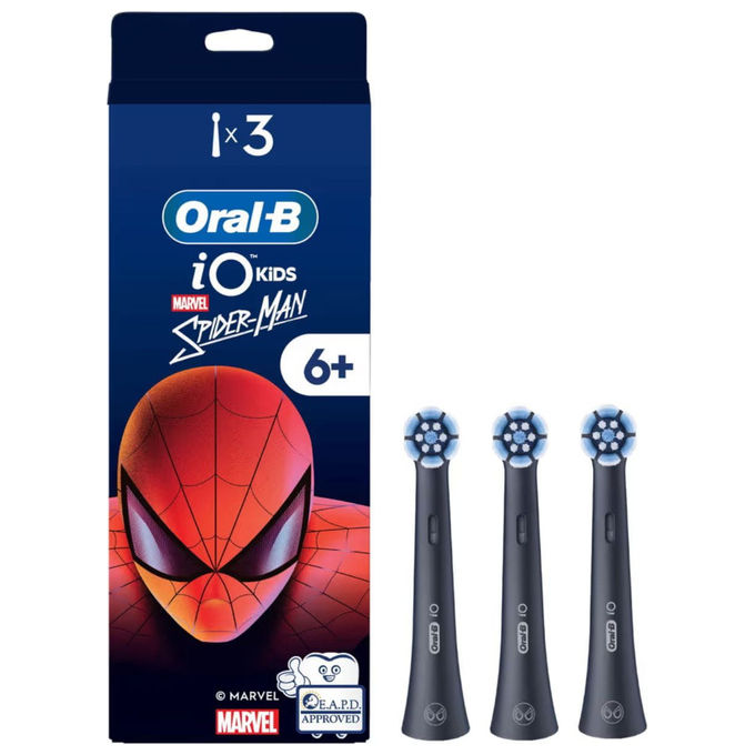 Oral-B 8700216930666 iO Testine di Ricambio Spazzolino Elettrico Spiderman Bambini 6+ Anni Setole Extra Morbide 3 Pezzi colore Nero