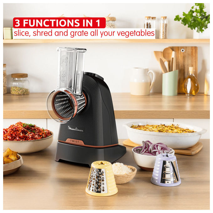 Moulinex DK8638E0 Fresh Express Twist Grattugia Elettrica Tagliaverdure 3 Funzioni 150W colore Nero