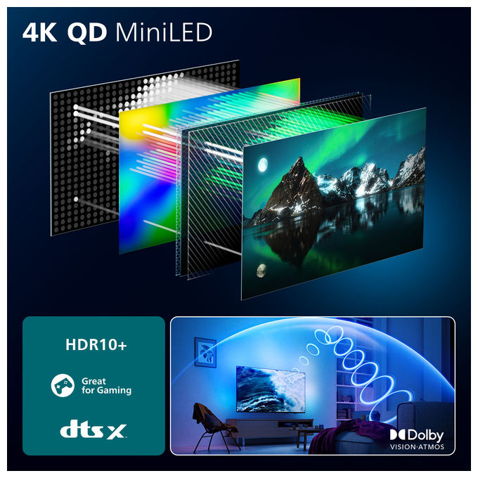 Philips 75MLED920-12 Ambilight Smart TV 75'' QD MiniLED 4K Dolby Vision Dolby Atmos Titan OS 120 Hz HDMI 2.1 colore Nero