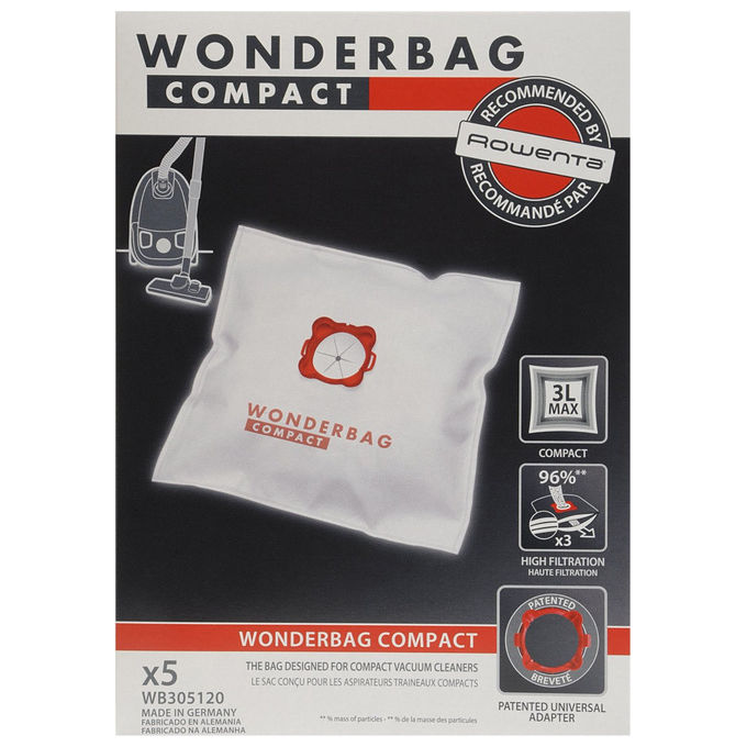 Rowenta WB305120 Wonderbag Compact Sacchetti per Aspirapolvere 5 pz Microfibra Universali 3 L colore Bianco
