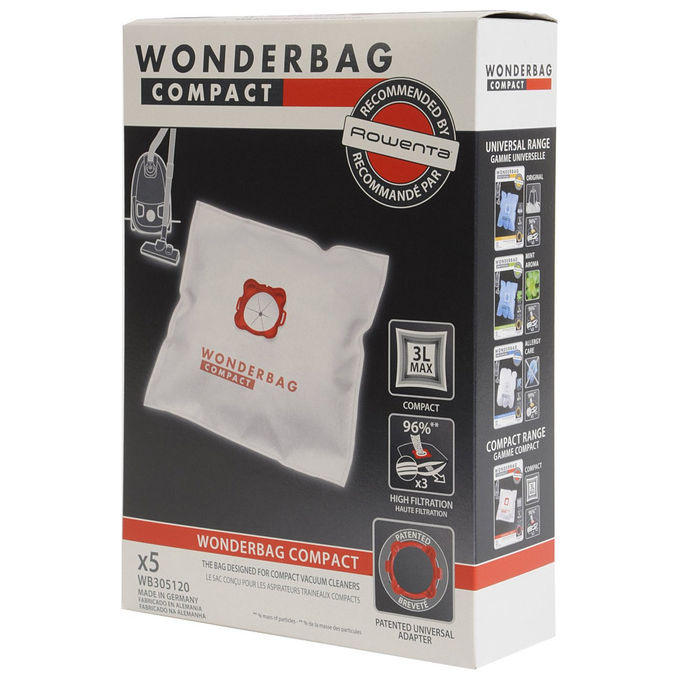 Rowenta WB305120 Wonderbag Compact Sacchetti per Aspirapolvere 5 pz Microfibra Universali 3 L colore Bianco