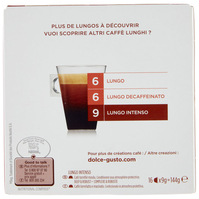 Nescafé 12173479 Dolce Gusto Caffe' Lungo Intenso Capsule Arabica Robusta Intensita' 9 16 Capsule colore Marrone