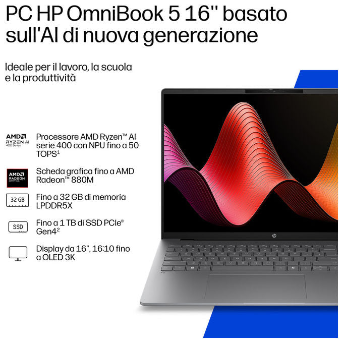HP D8QD9EA OmniBook 5 Computer portatile 16'' OLED 2K AMD Ryzen AI 7 445 16 GB RAM 1 TB SSD NVMe Wi-Fi 6 Windows 11 Home colore Argento