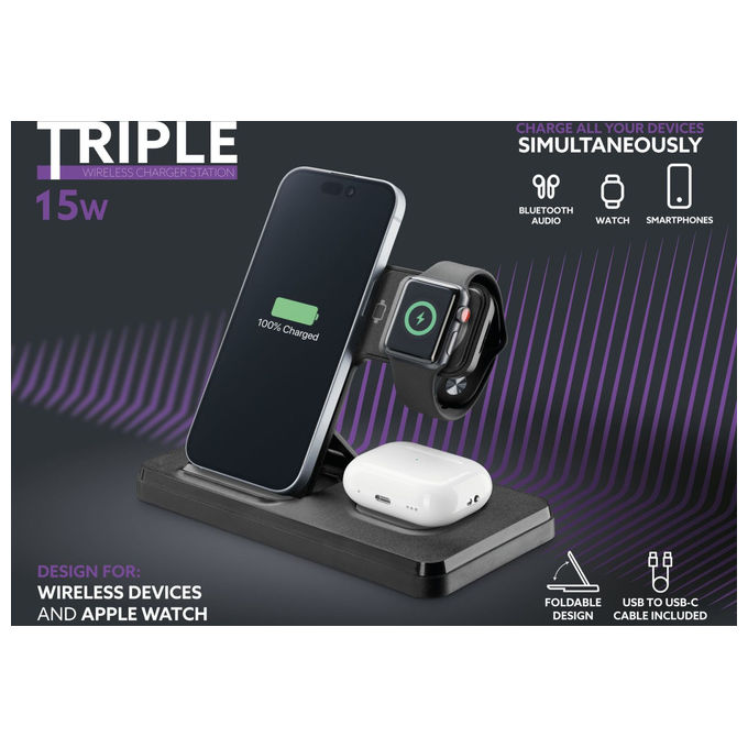 Cellularline WIRESTAND3IN1FBK Triple Station Caricabatterie Wireless 3 in 1 15W Apple Watch colore Nero