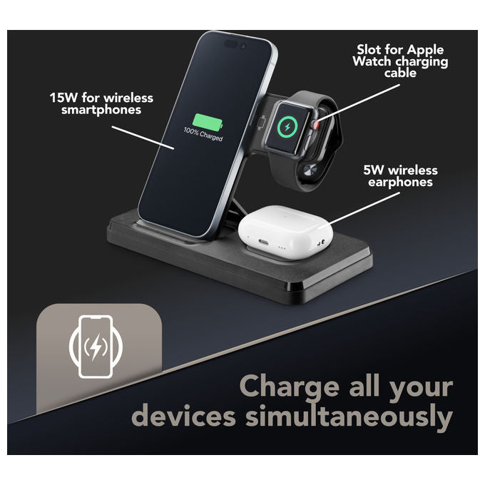 Cellularline WIRESTAND3IN1FBK Triple Station Caricabatterie Wireless 3 in 1 15W Apple Watch colore Nero