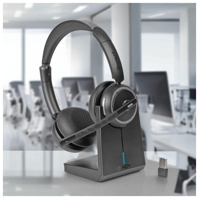 Lindy L118 Cuffia Wireless da Ufficio Bluetooth 5.2 USB tipo-C Microfono a Asta 25h Autonomia Base di Ricarica colore Nero