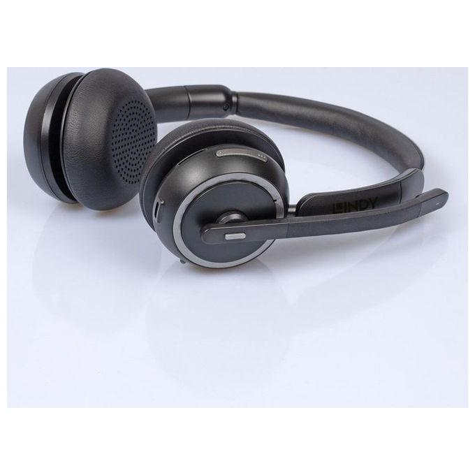 Lindy L118 Cuffia Wireless da Ufficio Bluetooth 5.2 USB tipo-C Microfono a Asta 25h Autonomia Base di Ricarica colore Nero