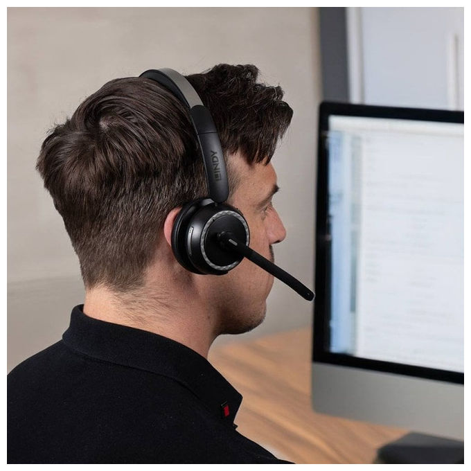 Lindy L118 Cuffia Wireless da Ufficio Bluetooth 5.2 USB tipo-C Microfono a Asta 25h Autonomia Base di Ricarica colore Nero