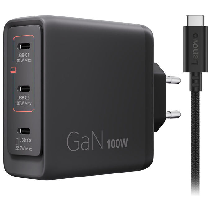 Lenovo 40AW100BEU Caricabatterie 100W GaN 3 porte USB-C universale colore Nero