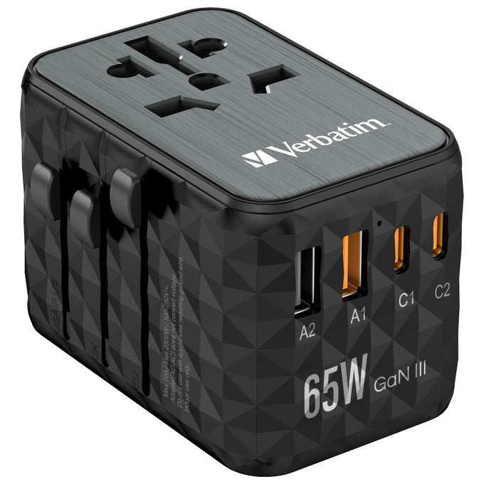 Verbatim UTA-05 GaN III Adattatore da Viaggio Universale 2 USB-C 65W PD 3.0 2 USB-A Quick Charge 4+ colore Nero