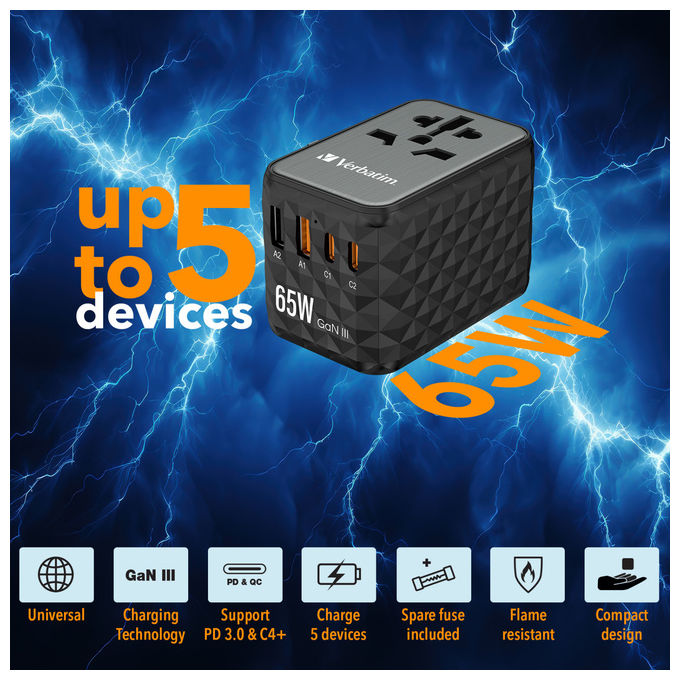 Verbatim UTA-05 GaN III Adattatore da Viaggio Universale 2 USB-C 65W PD 3.0 2 USB-A Quick Charge 4+ colore Nero
