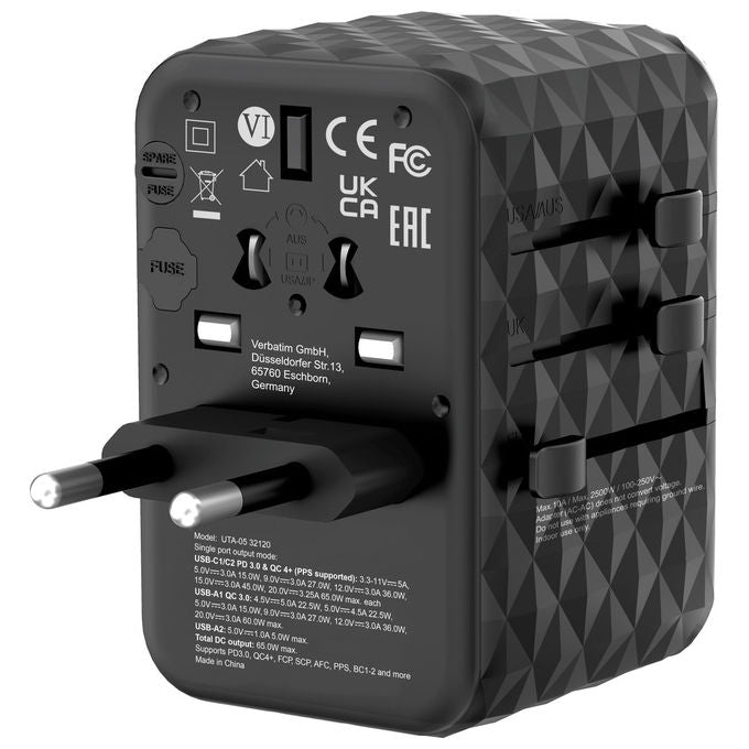Verbatim UTA-05 GaN III Adattatore da Viaggio Universale 2 USB-C 65W PD 3.0 2 USB-A Quick Charge 4+ colore Nero