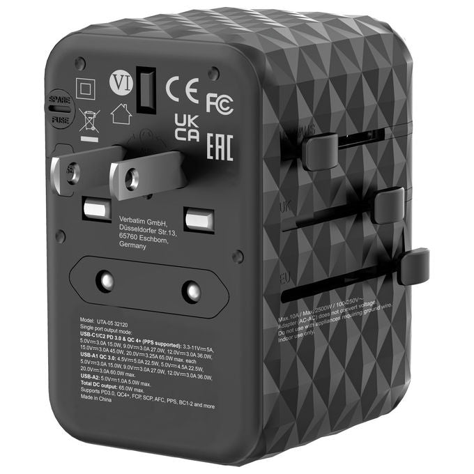 Verbatim UTA-05 GaN III Adattatore da Viaggio Universale 2 USB-C 65W PD 3.0 2 USB-A Quick Charge 4+ colore Nero