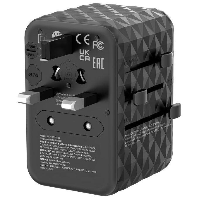 Verbatim UTA-05 GaN III Adattatore da Viaggio Universale 2 USB-C 65W PD 3.0 2 USB-A Quick Charge 4+ colore Nero