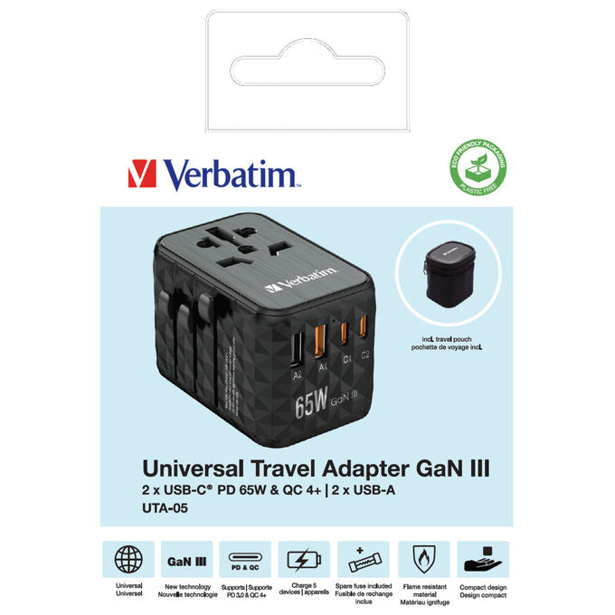 Verbatim UTA-05 GaN III Adattatore da Viaggio Universale 2 USB-C 65W PD 3.0 2 USB-A Quick Charge 4+ colore Nero