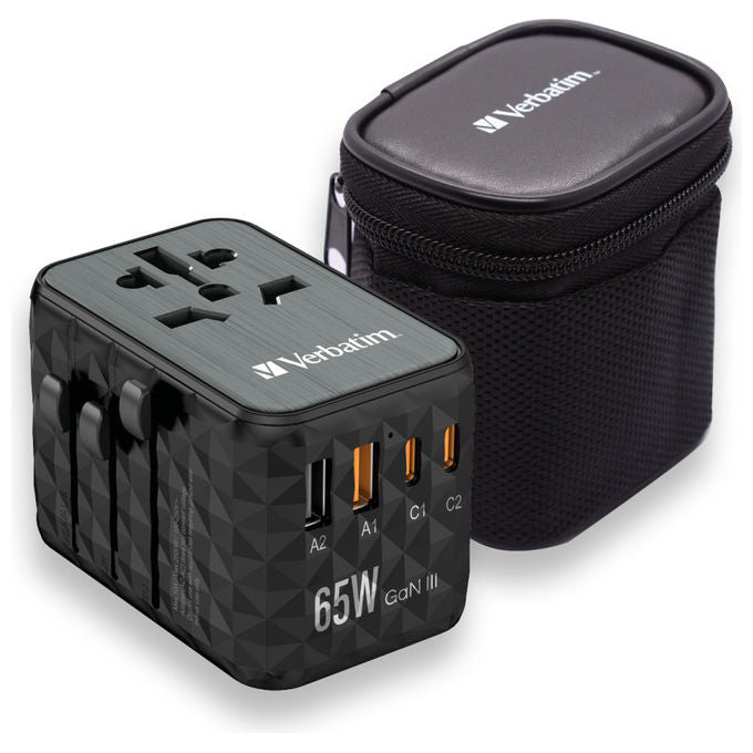 Verbatim UTA-05 GaN III Adattatore da Viaggio Universale 2 USB-C 65W PD 3.0 2 USB-A Quick Charge 4+ colore Nero