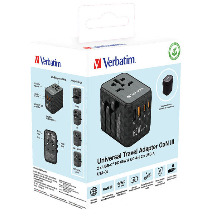 Verbatim UTA-05 GaN III Adattatore da Viaggio Universale 2 USB-C 65W PD 3.0 2 USB-A Quick Charge 4+ colore Nero